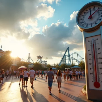 Termômetro grande em frente à entrada de parque em Orlando ao pôr do sol