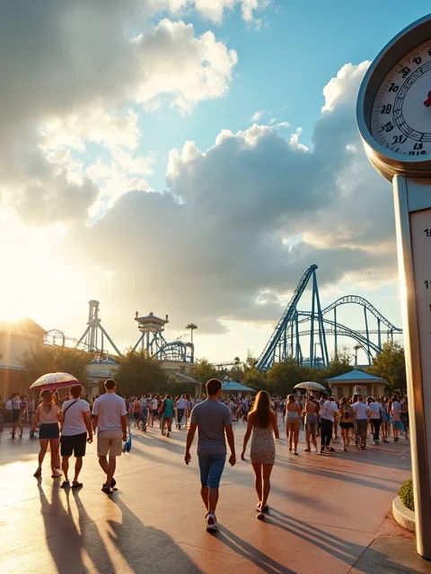 Termômetro grande em frente à entrada de parque em Orlando ao pôr do sol