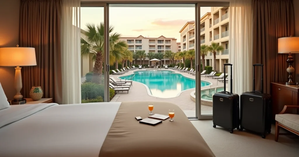 Varanda de quarto de resort em Orlando com vista para piscina iluminada ao entardecer