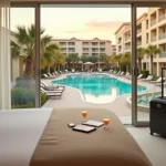 Varanda de quarto de resort em Orlando com vista para piscina iluminada ao entardecer