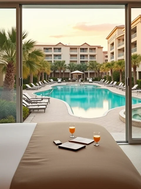 Varanda de quarto de resort em Orlando com vista para piscina iluminada ao entardecer