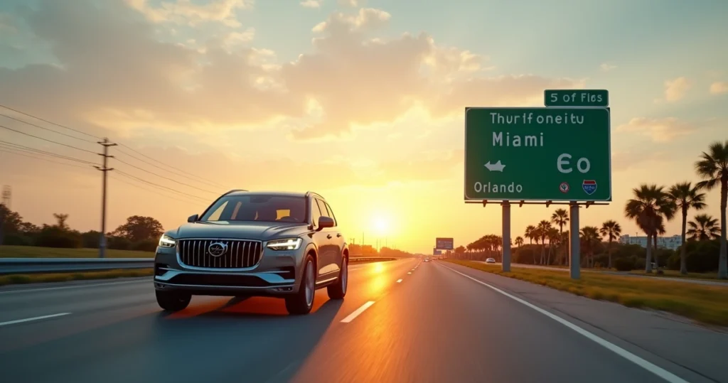 Carro em estrada da Flórida com skyline de Miami e placa para Orlando ao fundo