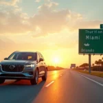 Carro em estrada da Flórida com skyline de Miami e placa para Orlando ao fundo
