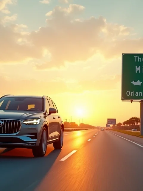 Carro em estrada da Flórida com skyline de Miami e placa para Orlando ao fundo