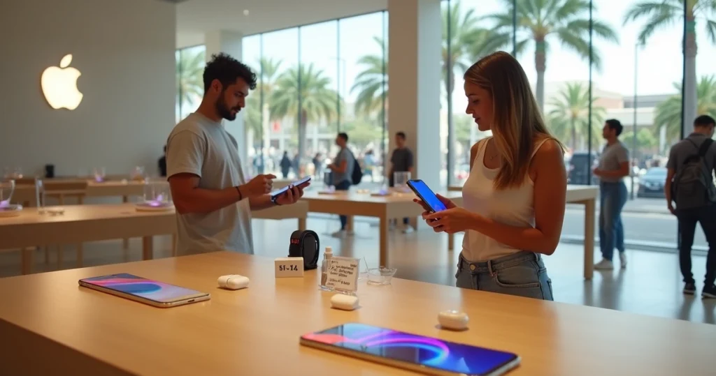 Cliente brasileiro examinando iPhones em loja da Apple em Orlando