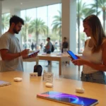 Cliente brasileiro examinando iPhones em loja da Apple em Orlando