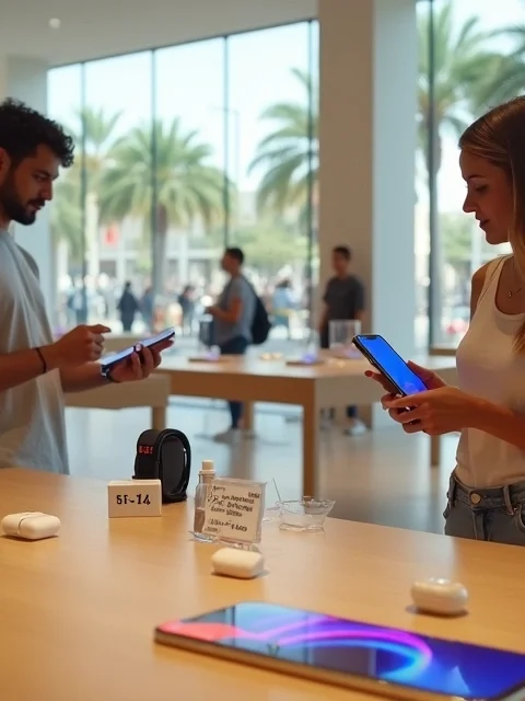 Cliente brasileiro examinando iPhones em loja da Apple em Orlando