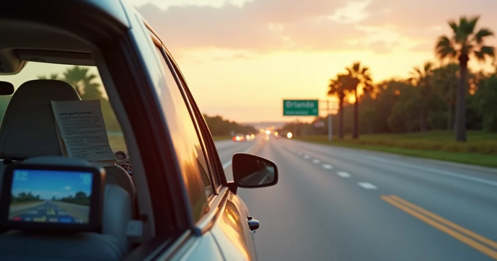Carro alugado em estrada ampla rumo ao horizonte em Orlando ao entardecer