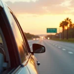Carro alugado em estrada ampla rumo ao horizonte em Orlando ao entardecer