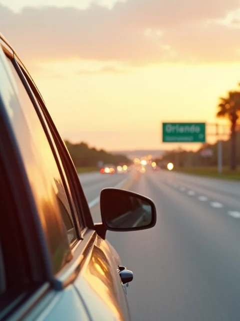 Carro alugado em estrada ampla rumo ao horizonte em Orlando ao entardecer