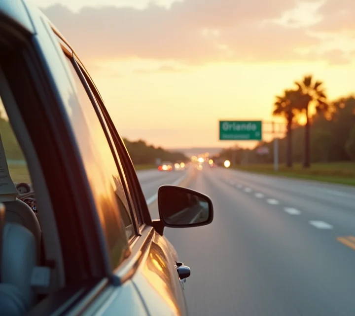 Carro alugado em estrada ampla rumo ao horizonte em Orlando ao entardecer