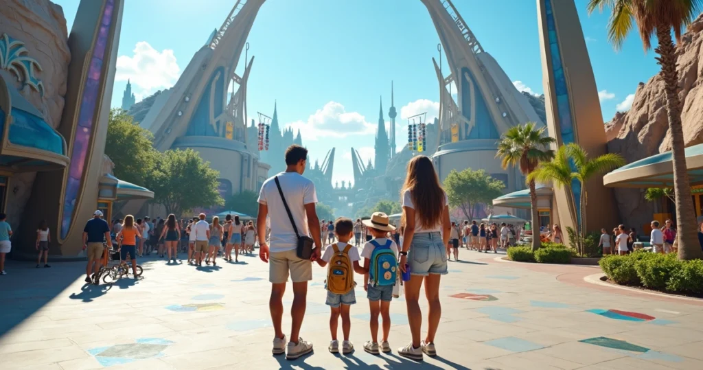 Família observando o mapa do Epic Universe na entrada do parque