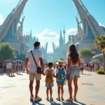 Família observando o mapa do Epic Universe na entrada do parque