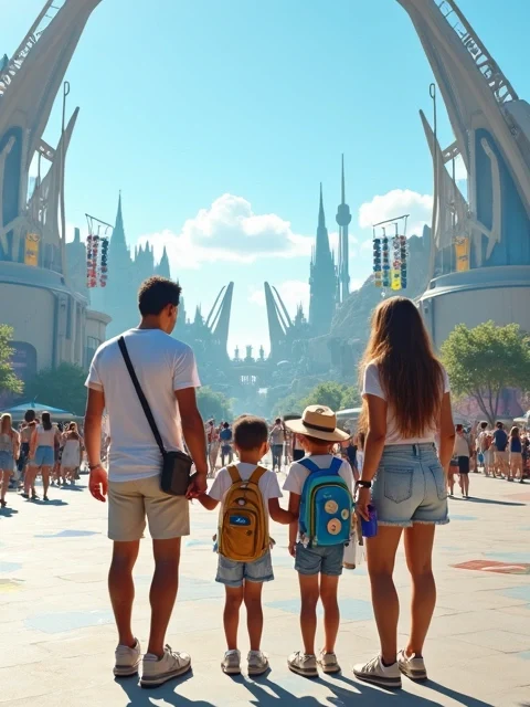Família observando o mapa do Epic Universe na entrada do parque