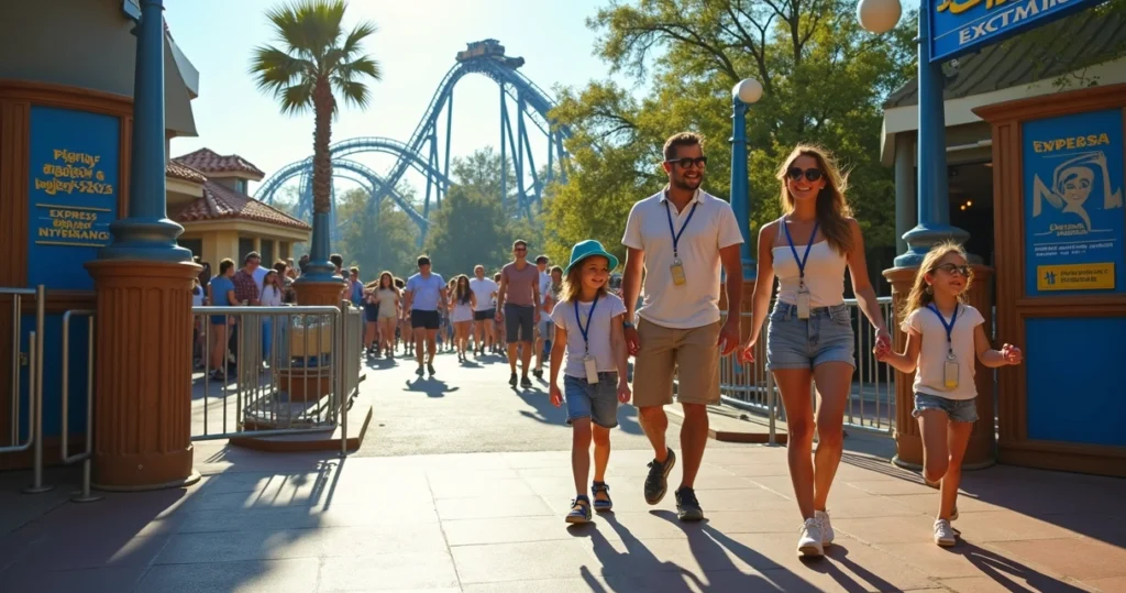 Família caminhando por fila Express vazia em parque da Universal Orlando