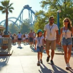 Família caminhando por fila Express vazia em parque da Universal Orlando