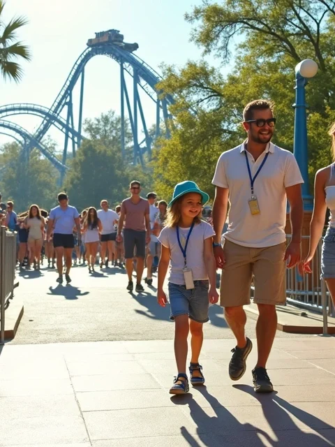 Família caminhando por fila Express vazia em parque da Universal Orlando
