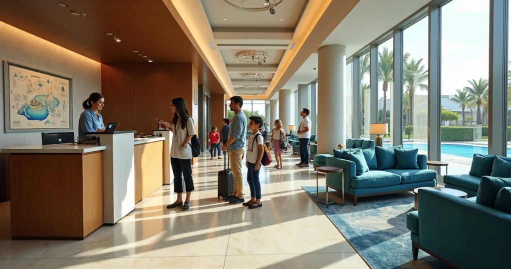 Família brasileira no lobby moderno de hotel da Universal em Orlando