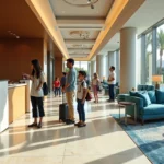 Família brasileira no lobby moderno de hotel da Universal em Orlando