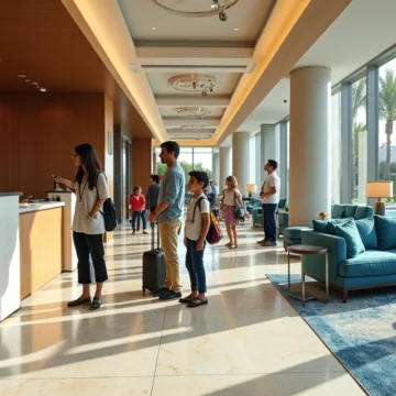 Família brasileira no lobby moderno de hotel da Universal em Orlando