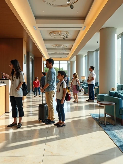 Família brasileira no lobby moderno de hotel da Universal em Orlando