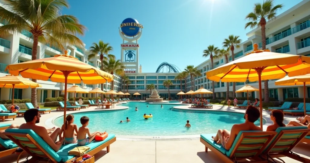 Família em espreguiçadeiras à beira da piscina temática do Cabana Bay com vista para a bola da Universal