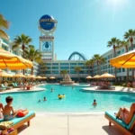 Família em espreguiçadeiras à beira da piscina temática do Cabana Bay com vista para a bola da Universal