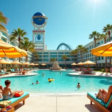 Família em espreguiçadeiras à beira da piscina temática do Cabana Bay com vista para a bola da Universal