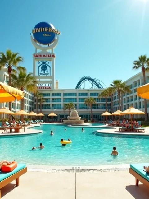 Família em espreguiçadeiras à beira da piscina temática do Cabana Bay com vista para a bola da Universal