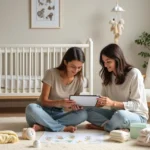 Casal organizando lista de enxoval de bebê em quarto neutro com itens essenciais ao fundo