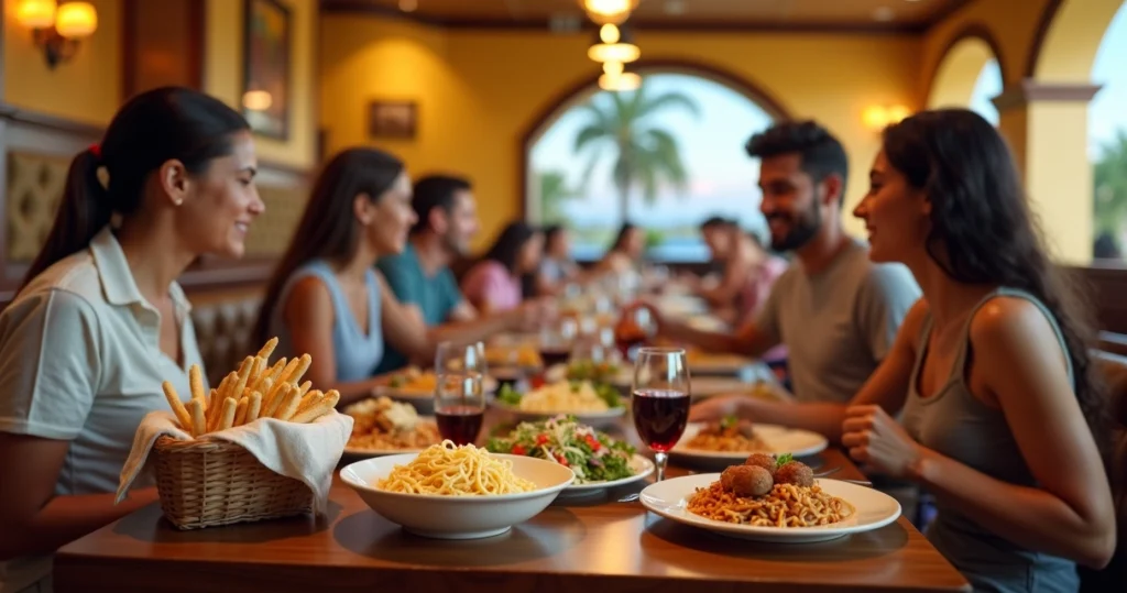 Mesa com família brasileira jantando no Olive Garden em Orlando com pratos de massa e pães de alho