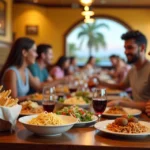 Mesa com família brasileira jantando no Olive Garden em Orlando com pratos de massa e pães de alho