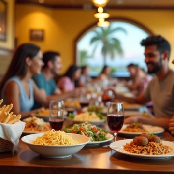 Mesa com família brasileira jantando no Olive Garden em Orlando com pratos de massa e pães de alho