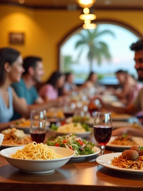Mesa com família brasileira jantando no Olive Garden em Orlando com pratos de massa e pães de alho