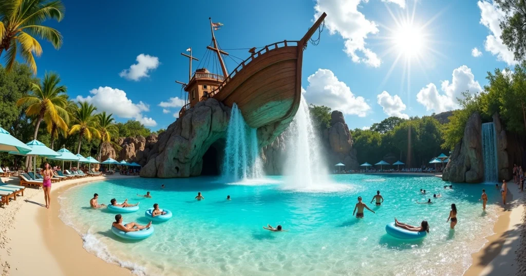 Piscina de ondas do Typhoon Lagoon com navio encalhado e visitantes relaxando