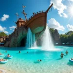 Piscina de ondas do Typhoon Lagoon com navio encalhado e visitantes relaxando