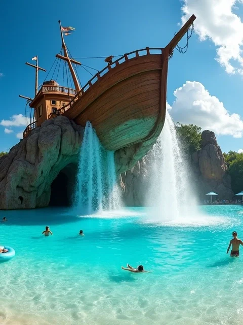 Piscina de ondas do Typhoon Lagoon com navio encalhado e visitantes relaxando