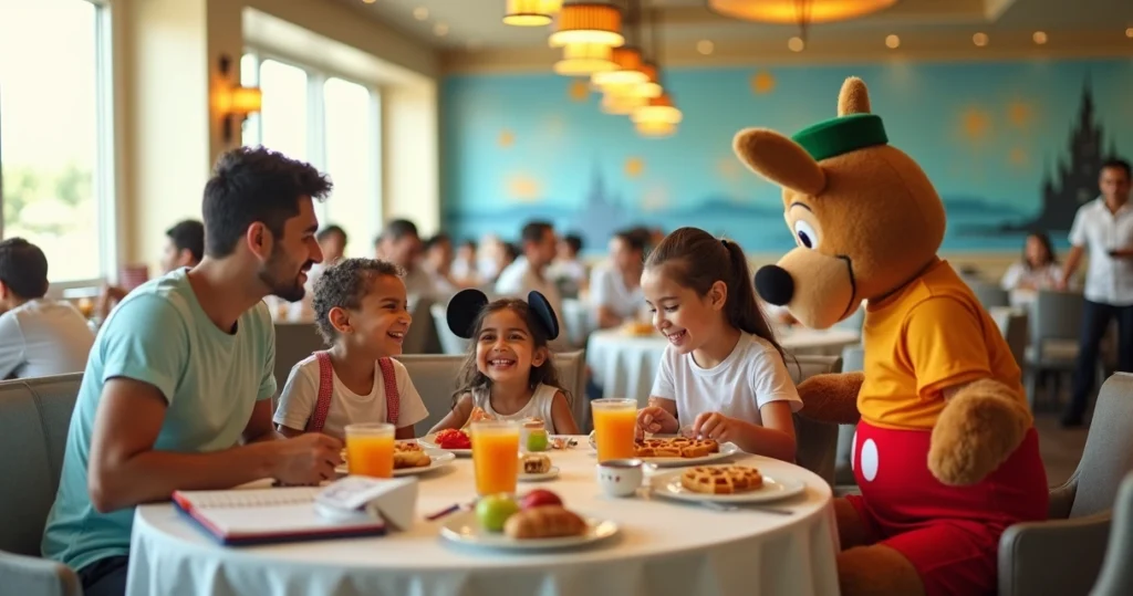 Família brasileira em mesa de café da manhã com personagens clássicos da Disney