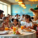 Família brasileira em mesa de café da manhã com personagens clássicos da Disney