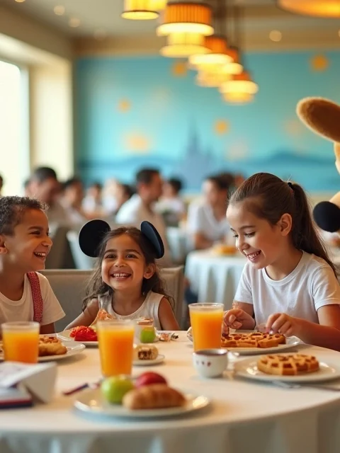 Família brasileira em mesa de café da manhã com personagens clássicos da Disney