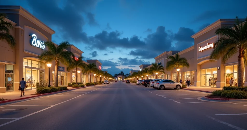 Entrada ampla do shopping a céu aberto The Loop em Kissimmee à noite com lojas iluminadas e estacionamento organizado