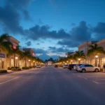 Entrada ampla do shopping a céu aberto The Loop em Kissimmee à noite com lojas iluminadas e estacionamento organizado