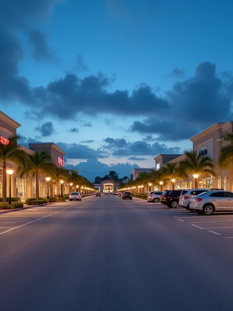 Entrada ampla do shopping a céu aberto The Loop em Kissimmee à noite com lojas iluminadas e estacionamento organizado