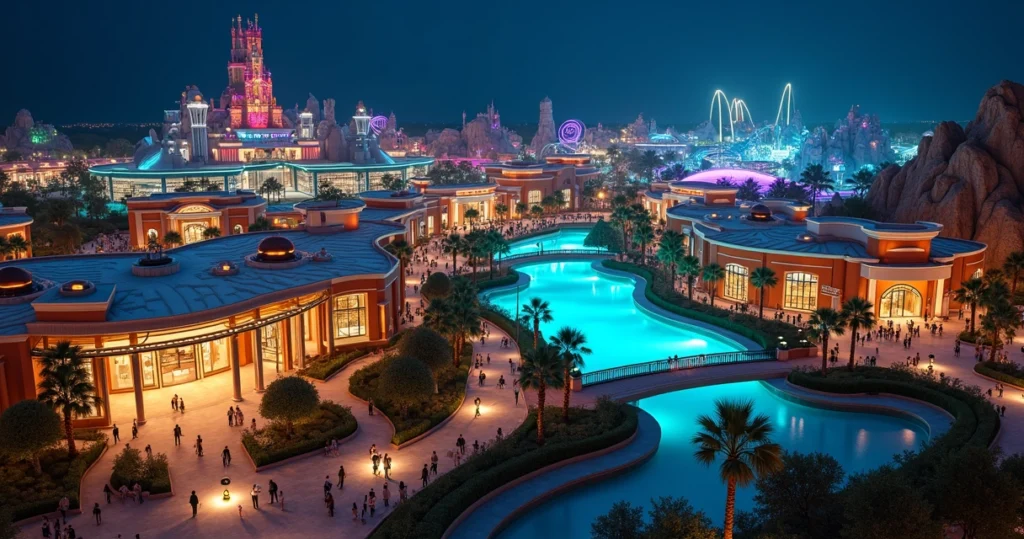 Vista aérea noturna de parque Epic Universe com áreas temáticas iluminadas