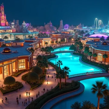 Vista aérea noturna de parque Epic Universe com áreas temáticas iluminadas