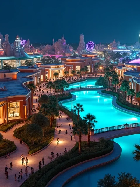 Vista aérea noturna de parque Epic Universe com áreas temáticas iluminadas
