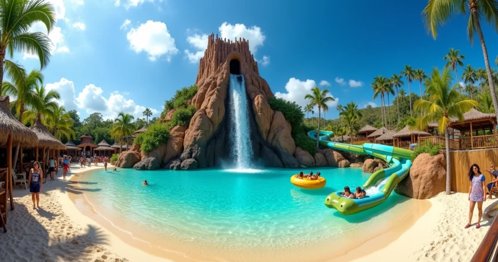 Vista panorâmica do vulcão Krakatau e toboáguas no Volcano Bay
