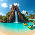 Vista panorâmica do vulcão Krakatau e toboáguas no Volcano Bay