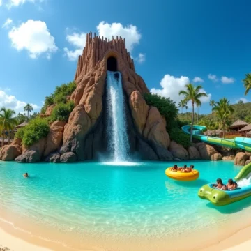 Vista panorâmica do vulcão Krakatau e toboáguas no Volcano Bay