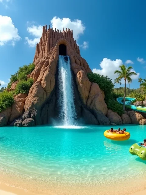 Vista panorâmica do vulcão Krakatau e toboáguas no Volcano Bay